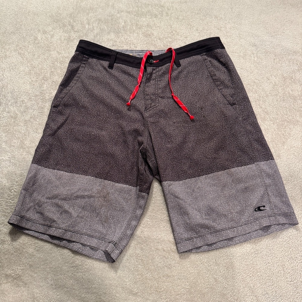 O'neill Hybrid Board Shorts Mens 32 Gray Stripe Drawstring Surf Outdoor 10"